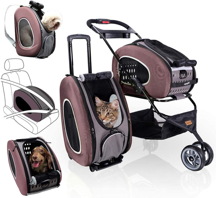 Carrito 5-en-1 Ibiyaya marrón para perro o gato hasta 8 kg (trolley, bolso, mochila, transportín)