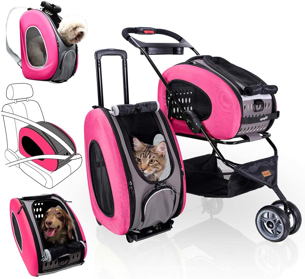 Carrito 5-en-1 Ibiyaya rosa para perro o gato hasta 8 kg (trolley, bolso, mochila, transportín)